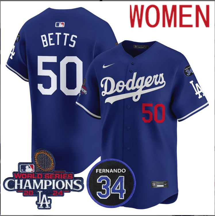WomenMLB Los Angeles Dodgers  #50 Betts blue2024 World Series Champions Patch Limited Jersey->customized mlb jersey->Custom Jersey